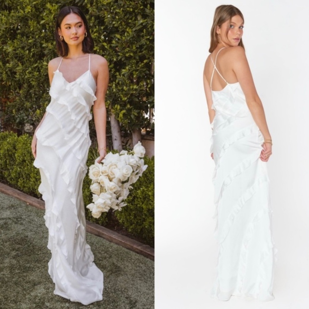 Show Me Your Mumu Romance Ruffle Maxi Dress in Ivory Luxe Satin Medium
